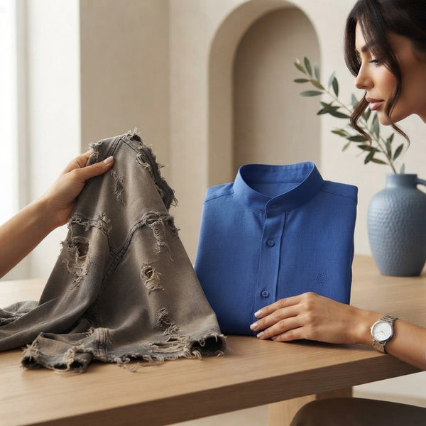 A person comparing a worn, frayed garment to a high-quality Azure Monaco shirt on a minimalist tabletop.